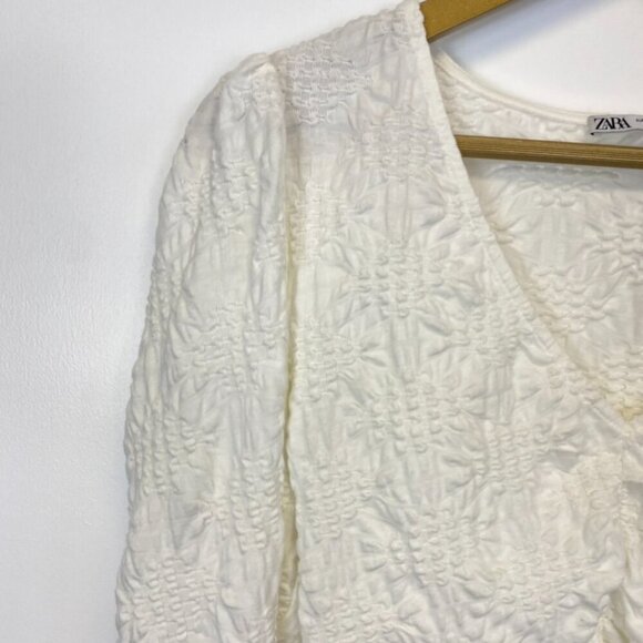 Zara White Puff Shoulder V Neck Crop Top - Picture 4 of 11